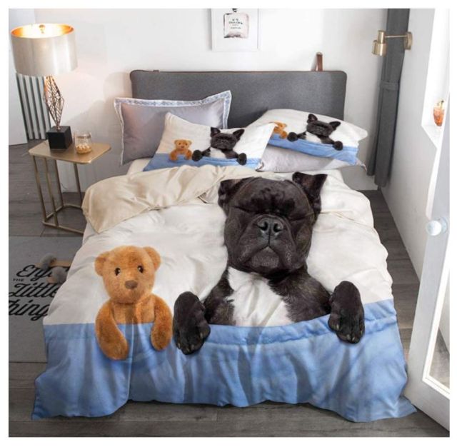 Bettwäsche-Set, Französische Bulldogge mit Teddy Bär